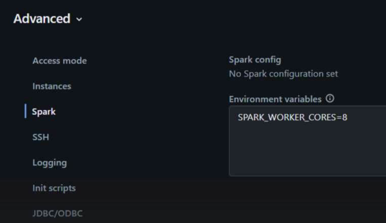 The Databricks cluster Advanced options panel, Spark tab, with SPARK_WORKER_CORES=8 entered in the Environment variables box.